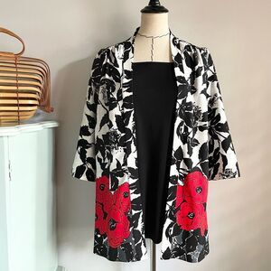 Top Notch Faux Twinset Stretch Cardigan Blouse Red Carnation‎ Print Black White